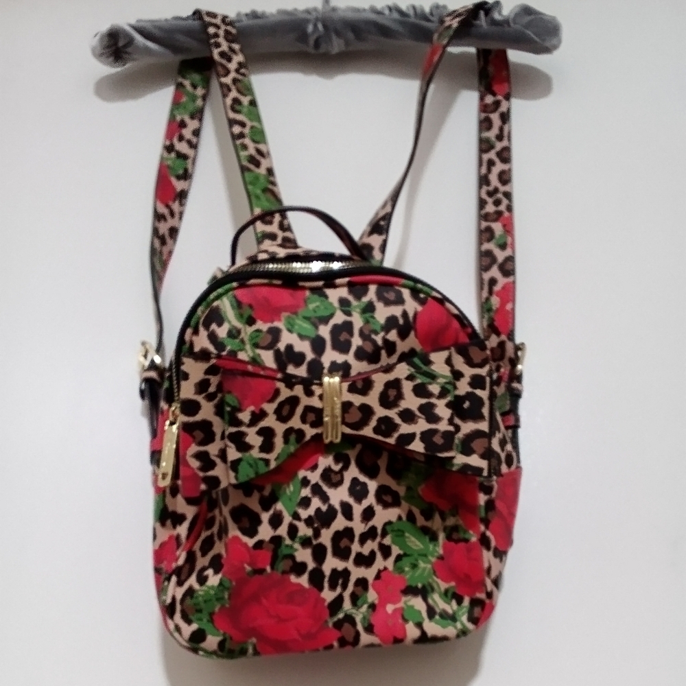Betsey Johnson Leopard Rose Print Mini Backpack - Red, Green, Tan, Black